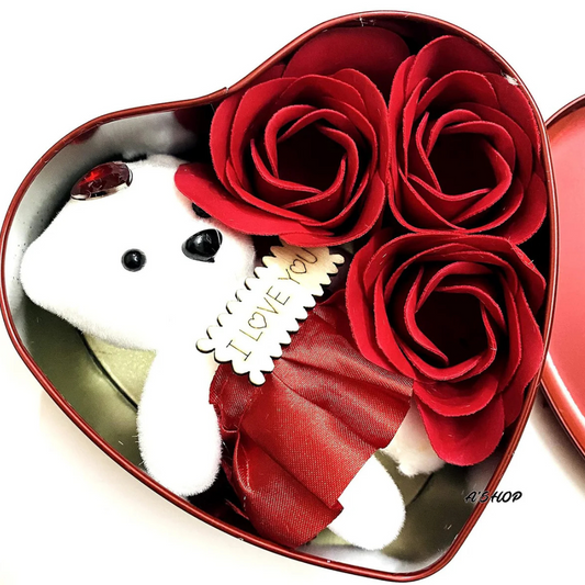 Heart Tin Gift Box with Cute Teddy Red Bear for Love Size (Small)