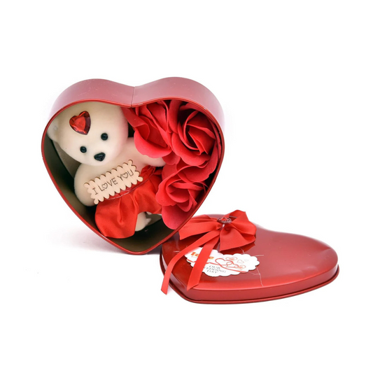 Heart Tin Gift Box with Cute Teddy Red Bear for Love Size (Small)