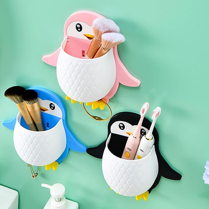 Wall-Mounted Penguin Toothbrush & Makeup Storage Organizer