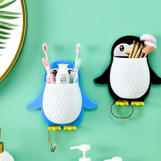 Wall-Mounted Penguin Toothbrush & Makeup Storage Organizer