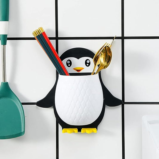 Wall-Mounted Penguin Toothbrush & Makeup Storage Organizer